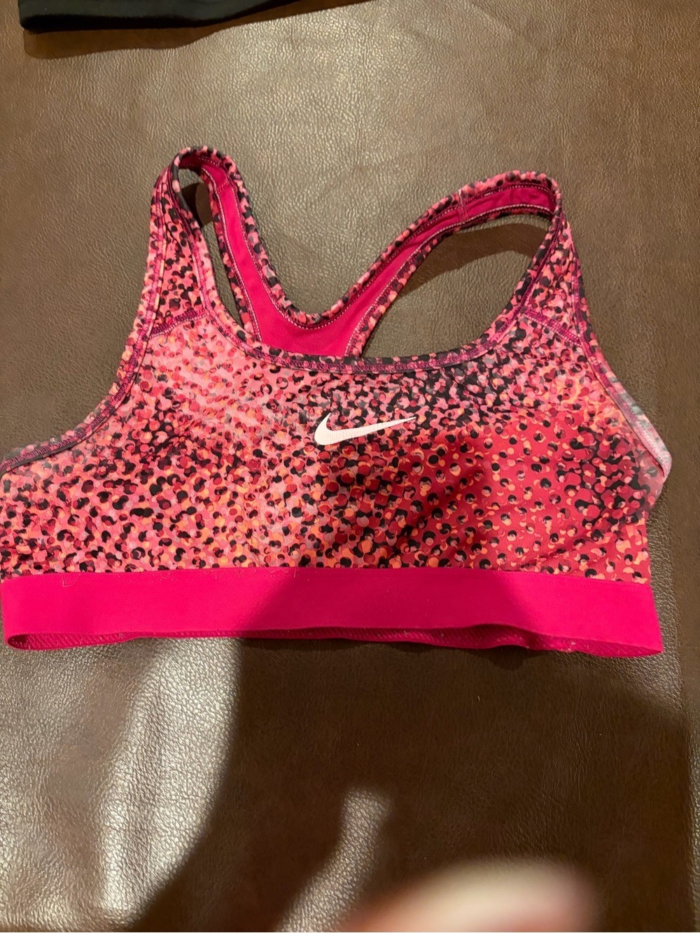 Nike Hot Pink Leopard-Trim Dri-Fit Sports Bra with White Swoosh kids size large